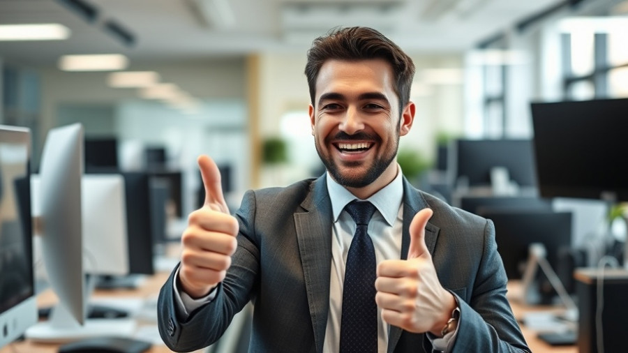 Smiling businessman gives thumbs up, representing AI safety regulations success.