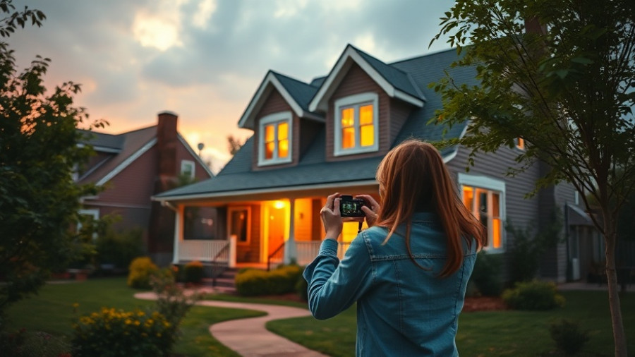 Home insurance insights depicted by a suburban house at dusk with a woman photographing.
