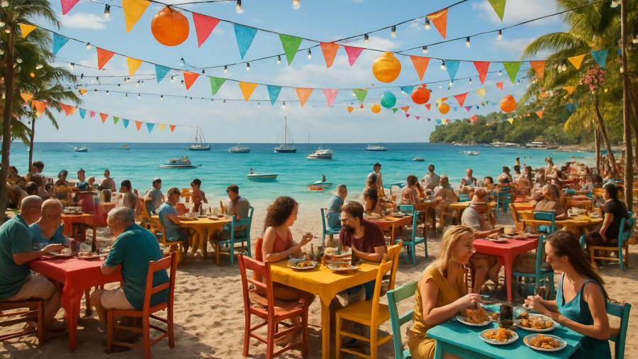 Beachfront dining in Cabo, people enjoying meals and ocean view.
