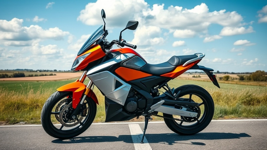 Vivid electric motorcycle parked roadside in open countryside, business growth capital.