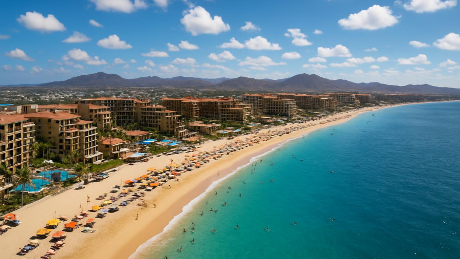 Expansive Medano Beach view with resorts under a clear sky.