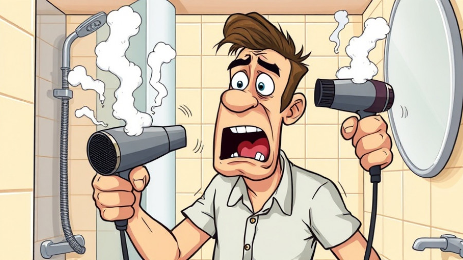 Everyday habits ruining your skin: man distressed using hairdryer.