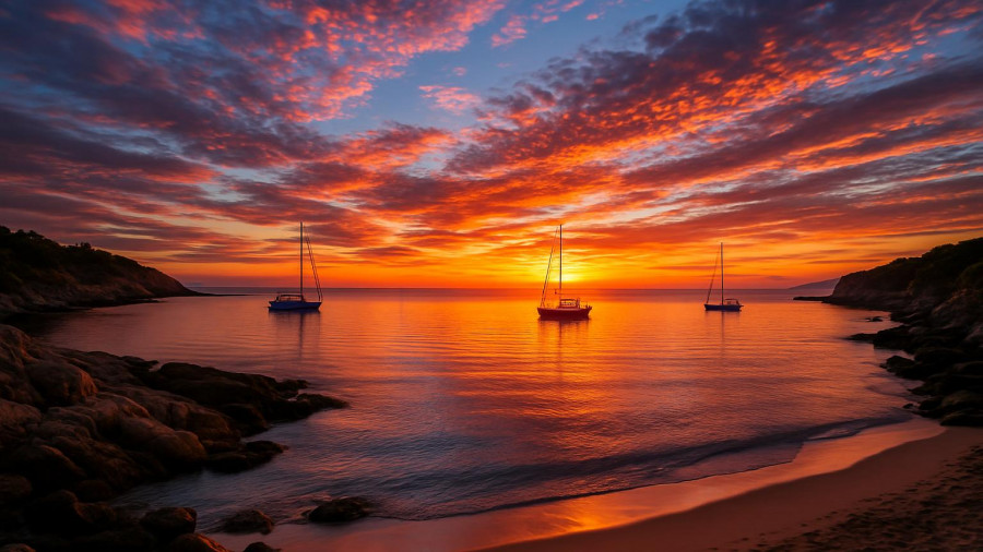 Los Cabos day trip beautiful sunset over ocean bay with boats.