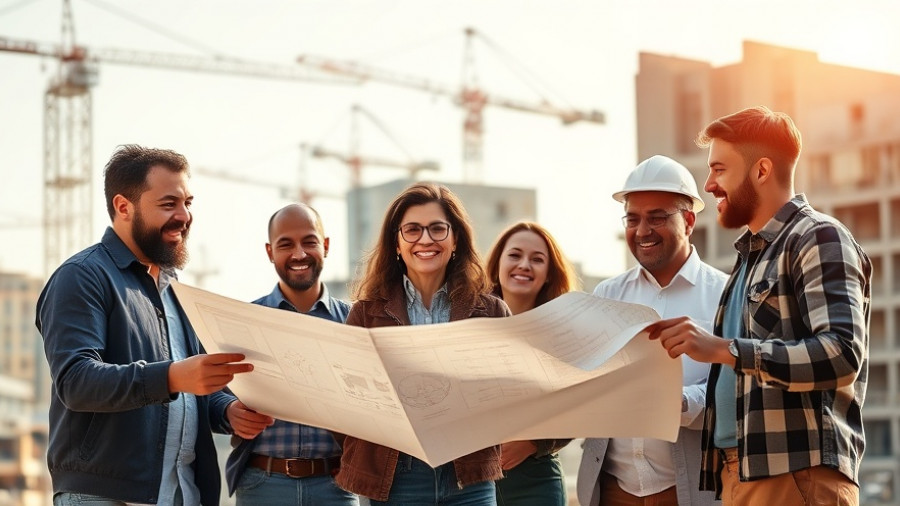 Team reviewing plans for budget management in home construction outdoors.