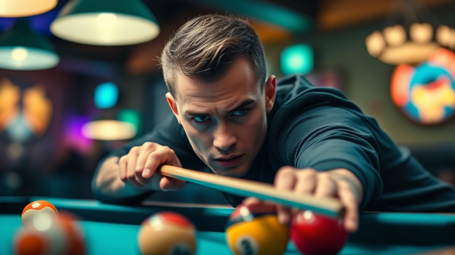 Pool shirt design featuring focused player aiming shot.