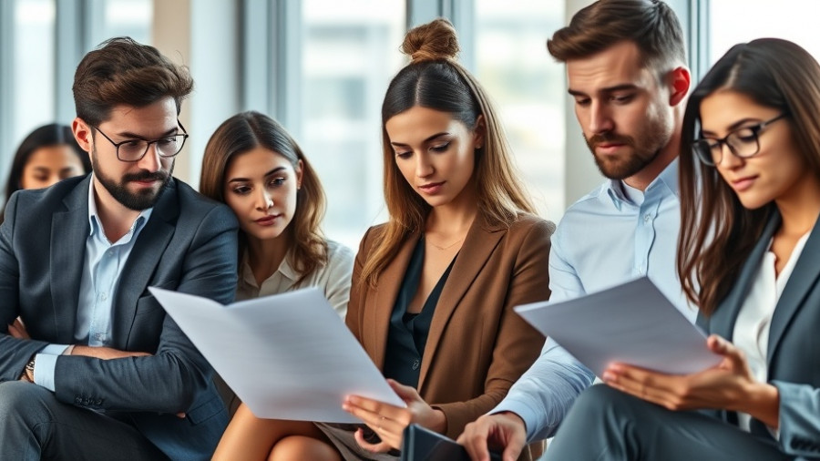 Business professionals reviewing documents in modern office.
