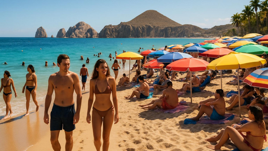 Crowded beach in Los Cabos during overbooked winter weeks.