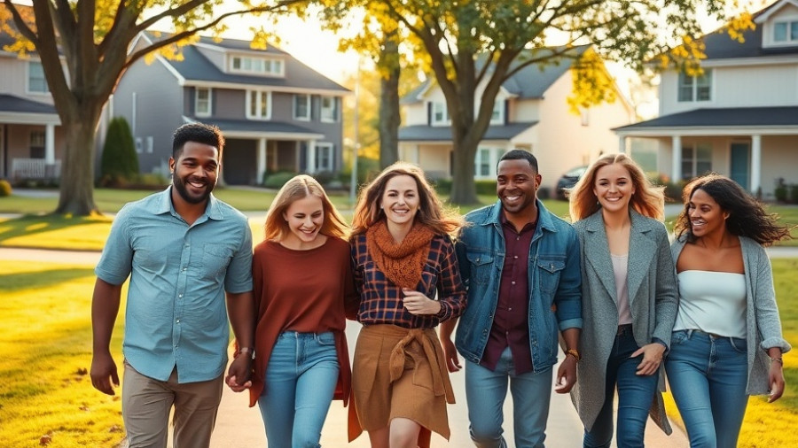 Group walking in sunny neighborhood with new roofs