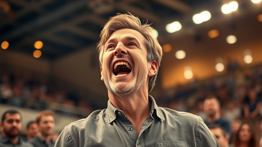 Middle-aged man joyfully shouting in an indoor stadium setting.