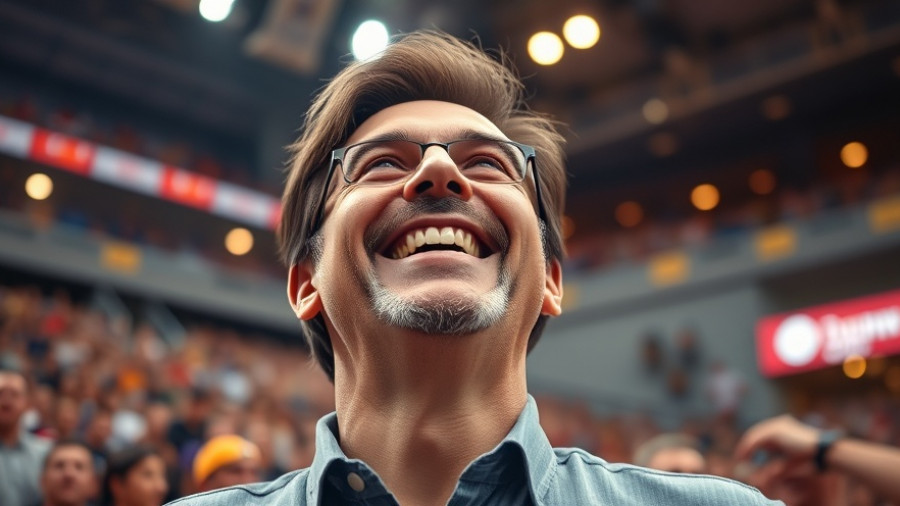 Cheerful man smiling in an arena, vibrant atmosphere.