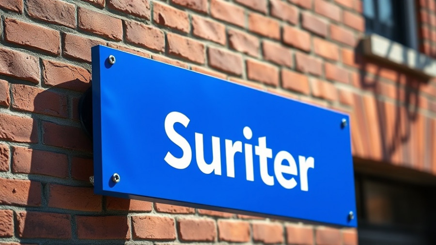 Blue sign with 'Suriter' on brick wall.