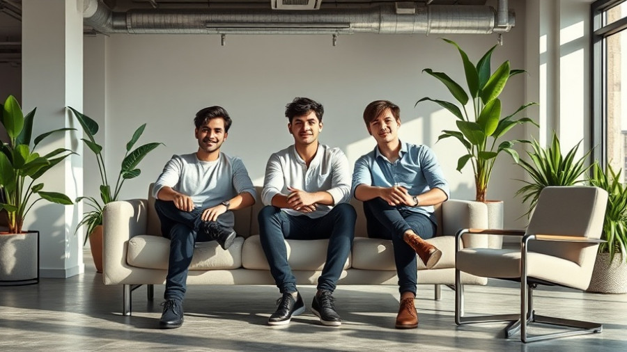 Modern office setting with three young men discussing Mercor AI funding.