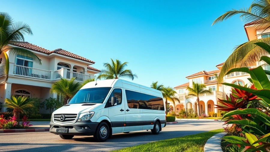 Cabo Airport Transportation van amidst tropical scenery and villas.