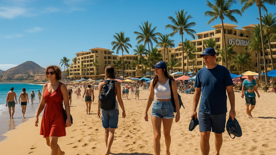 Tourists walking on Los Cabos beach near hotels, sunny day.