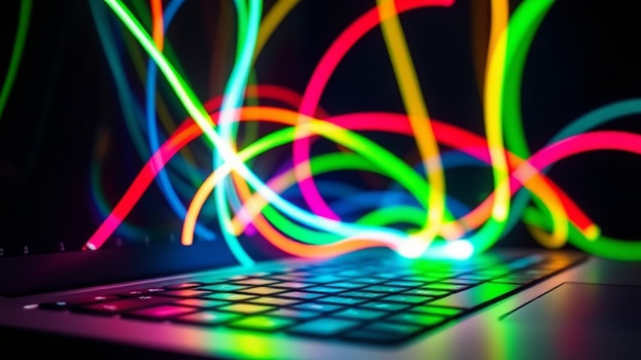 Vibrant neon streams emerge from laptop keyboard depicting dynamic technology.