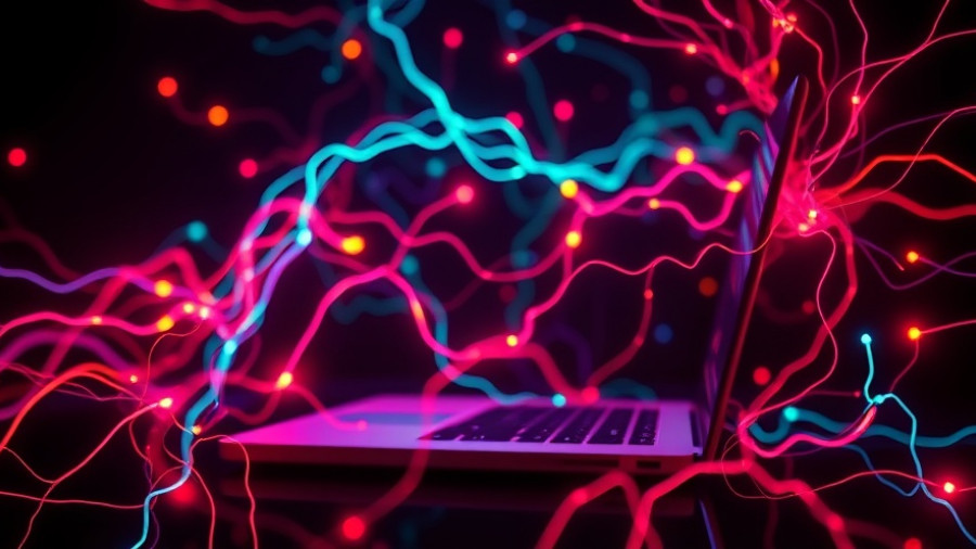 Vibrant digital neural network from a laptop in neon colors.