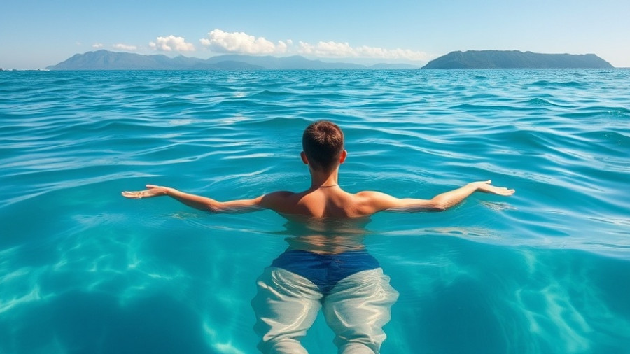 Person floating in La Paz water, tranquil scene with mountains.