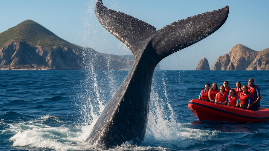 Whale watching in Los Cabos with boat and whale tail.