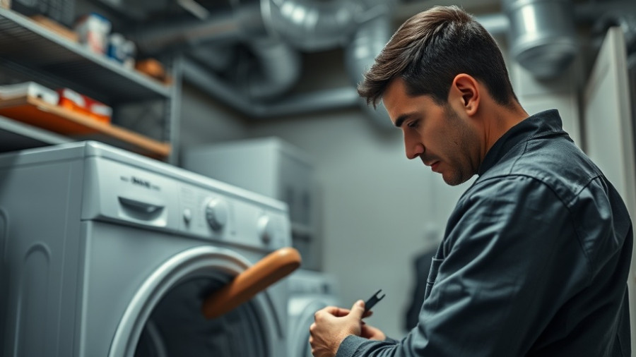 Technician demonstrates dryer vent cleaning service tips, indoor utility room.