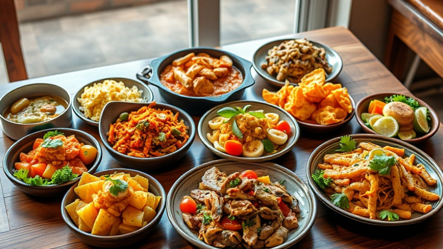 A variety of vegetarian dishes on a wooden table for winter warmth.