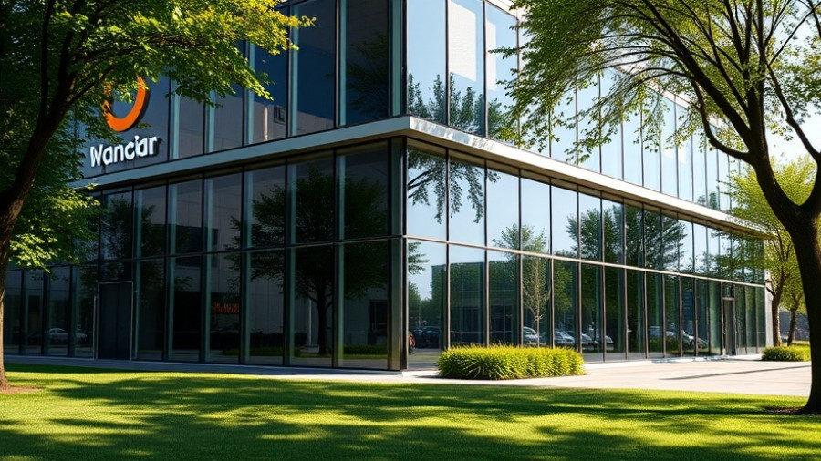 Modern office building with Fiserv logo, daytime.