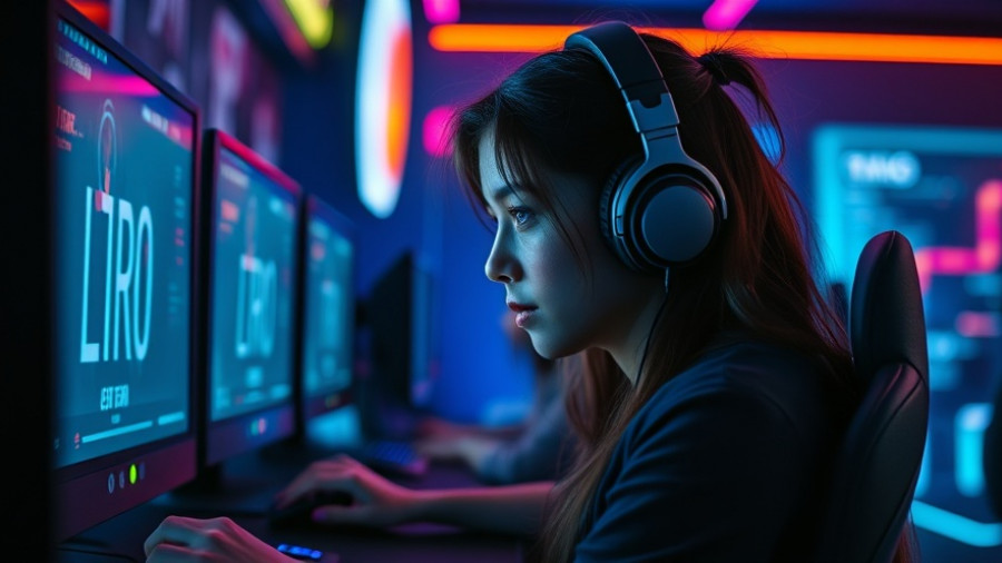 Female gamer focused in dark room with neon lights, gaming setup.
