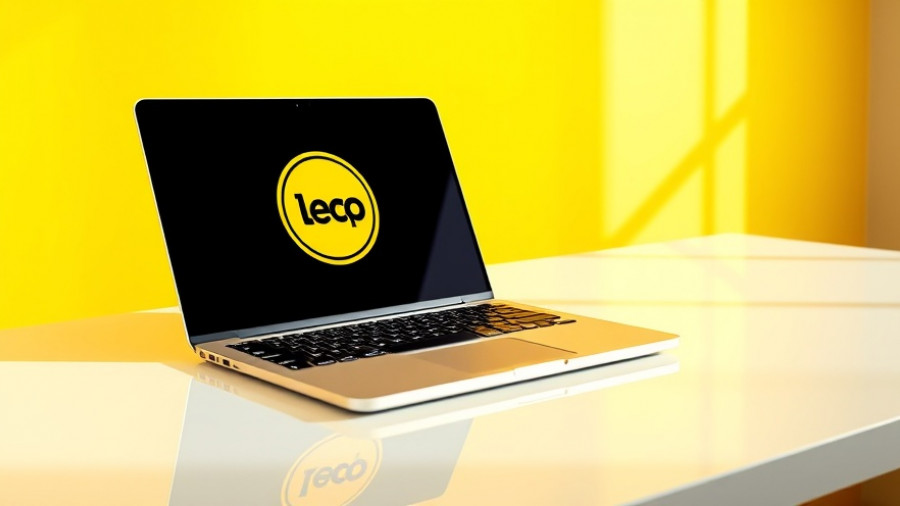 Modern laptop on desk with yellow backdrop, showcasing logo.