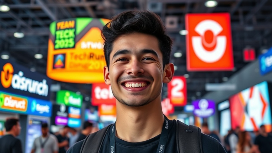 Young man smiling at TechCrunch Disrupt 2025 with bright signage.