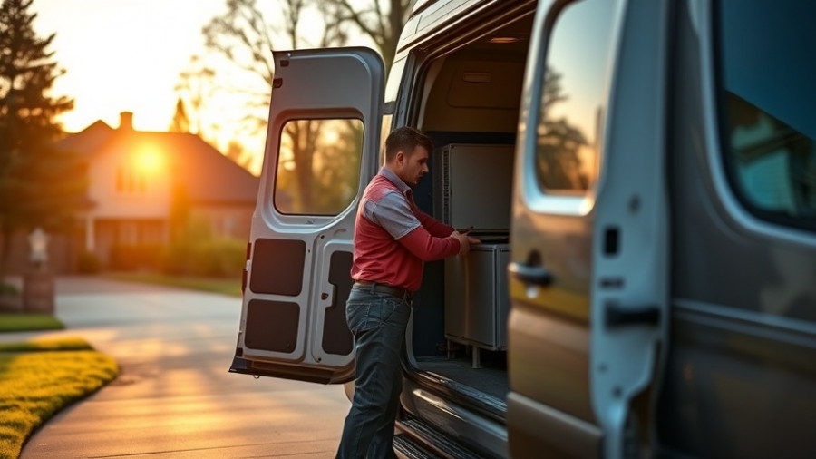 HVAC technician at van in driveway at sunrise, ACCA QI Certificates related work.