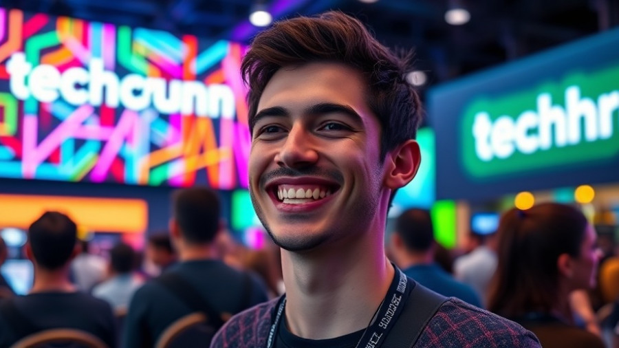 Smiling man at TechCrunch Disrupt 2025 conference with vibrant backdrop