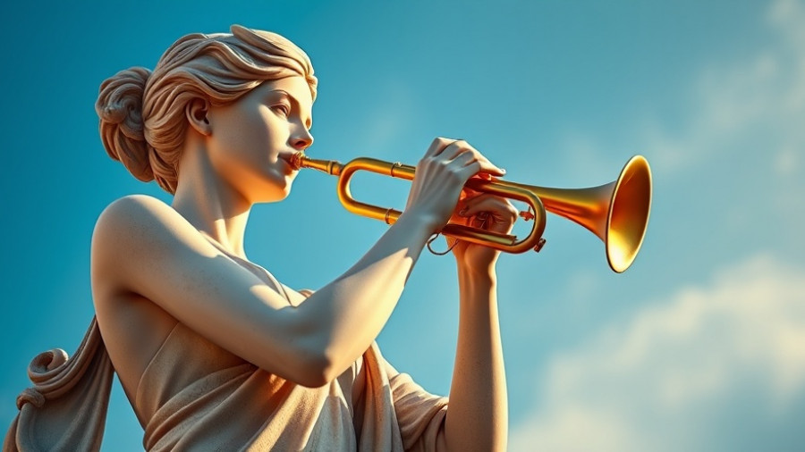 Classical sculpture with trumpet under blue sky symbolizing announcements like private equity exits.