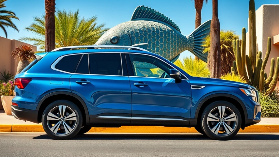 Los Cabos car rental - blue SUV by fish statue in sunny landscape.