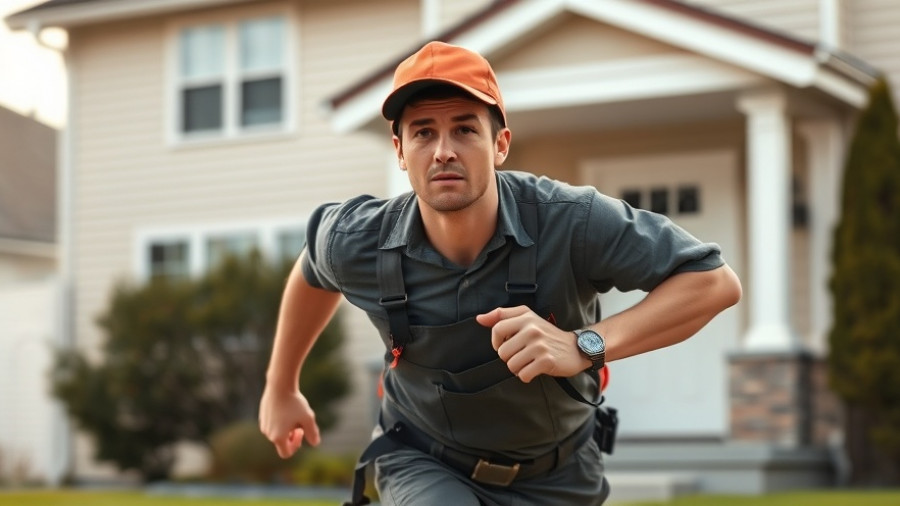 Determined plumber providing emergency plumbing services, rushing to a house.