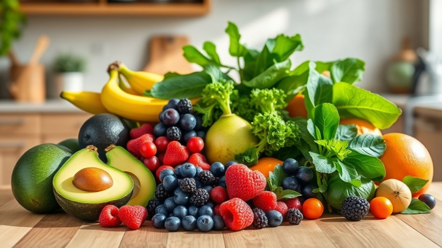 Fresh fruits and vegetables rich in potassium, iron, and zinc for mental health.