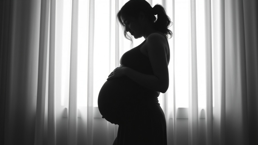 Silhouette of pregnant woman in front of curtains, serene ambiance.