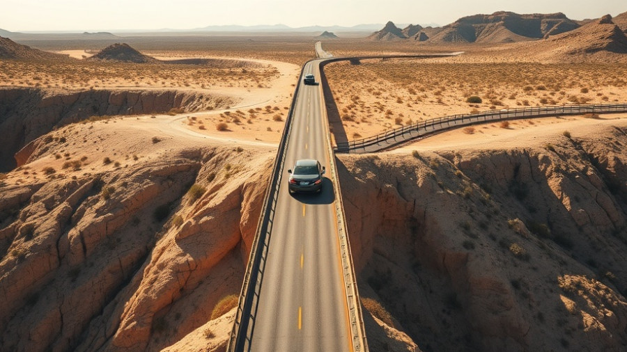 Cabo vacation planning: cars on a bridge in Wild Canyon, desert view.