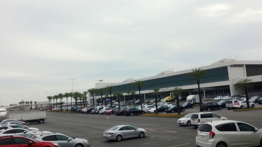 Cabo airport transportation area with parked cars under cloudy sky.