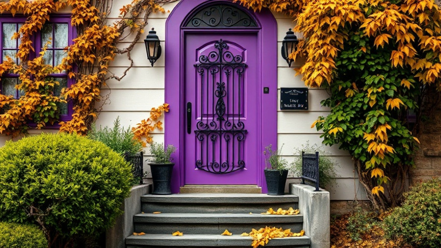 Charming house entrance with purple door for October lifestyle finds.