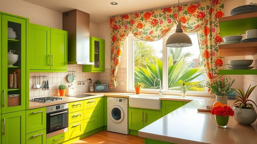 Contemporary kitchen with vibrant green cabinets showing 2025 color trends.