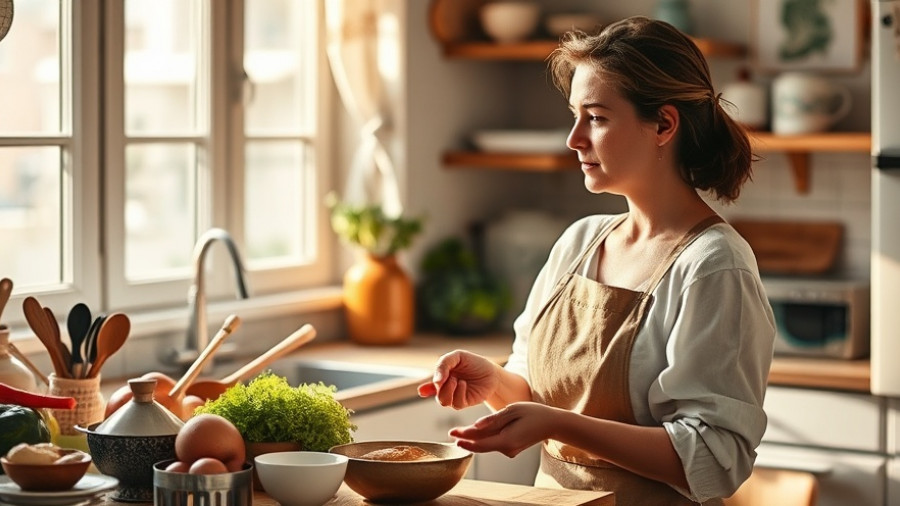 Woman baking in a warm kitchen, contemplating life, with sunlight streaming.