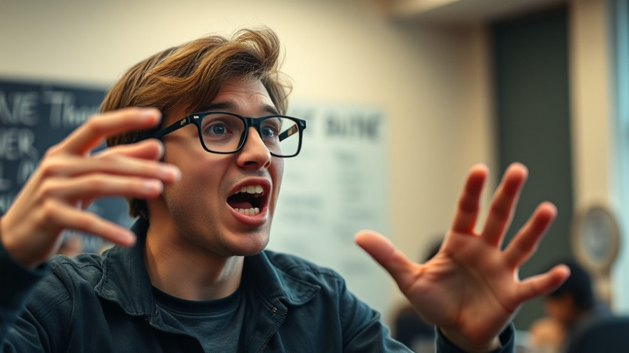Young man with glasses gesturing indoors, discussing AI innovations in healthcare.
