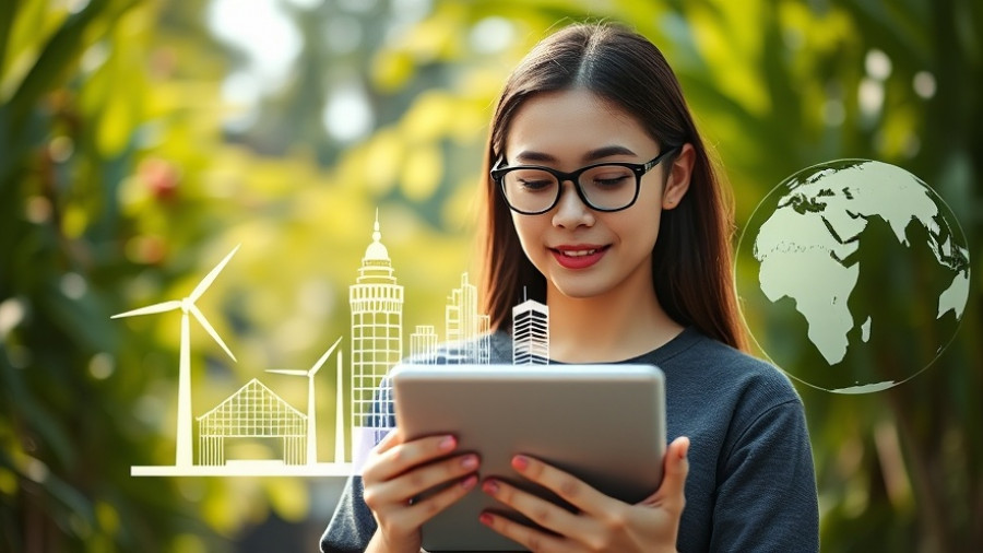 Young woman exploring business plan creation with digital visual aids.