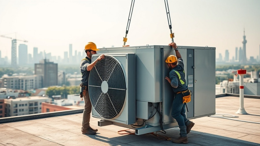Rooftop HVAC efficiency installation in urban skyline.