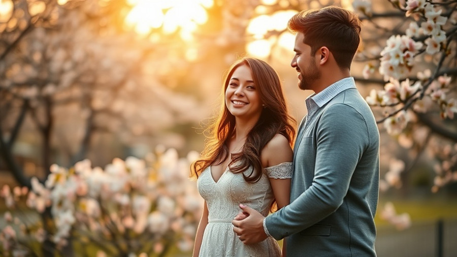 A couple in a romantic park setting holding hands in warm golden light.