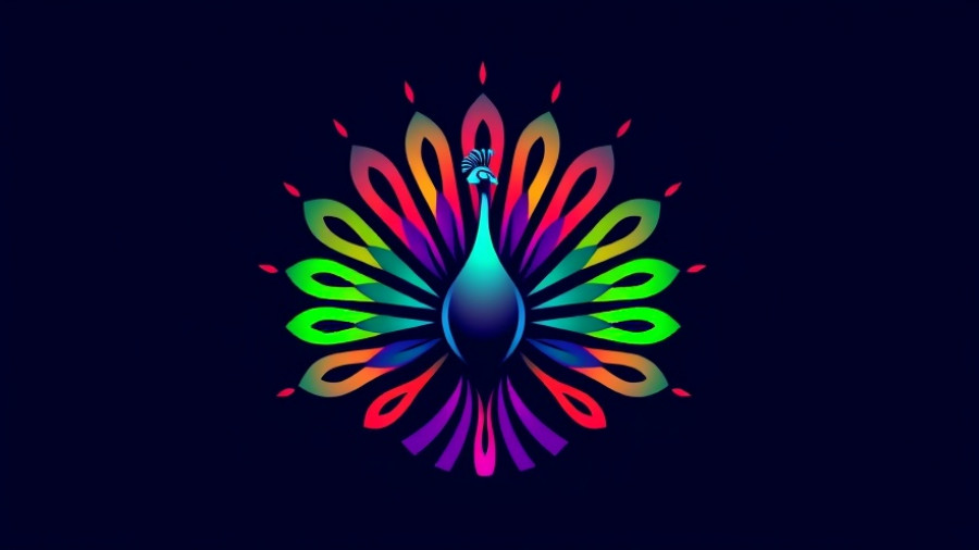Vibrant peacock logo on navy background.