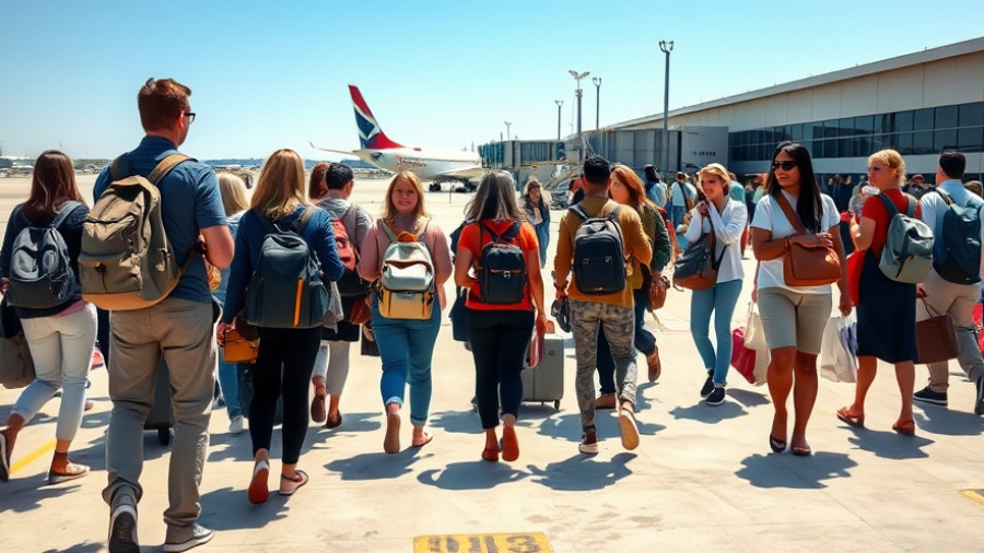 Travelers at Cabo airport awaiting transportation, airplane in background.
