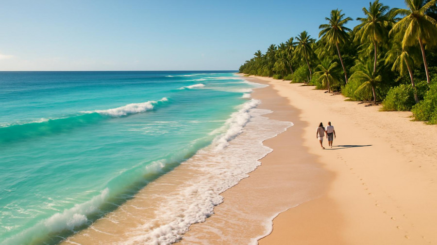 Aerial view of Los Cabos beach with turquoise water and palm trees.