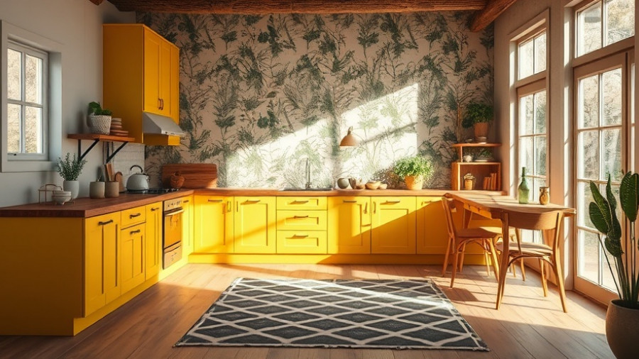 Muddy Yellow Kitchen Design with rustic cabinetry and bold wallpaper.