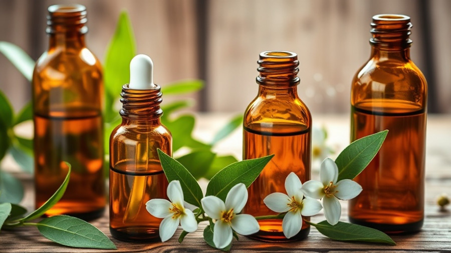 Amber essential oil bottles with flowers and leaves for winter health care.