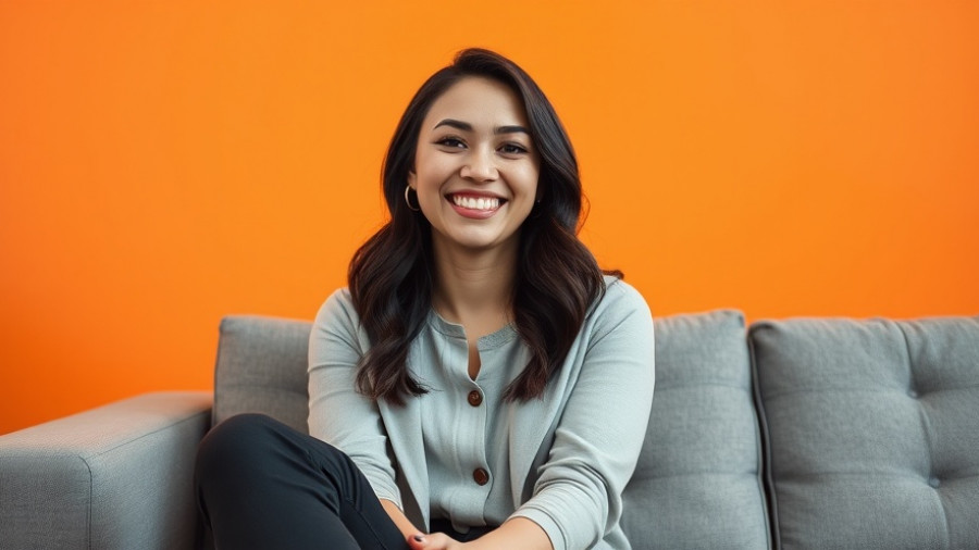 Smiling young entrepreneur on gray sofa with orange wall background